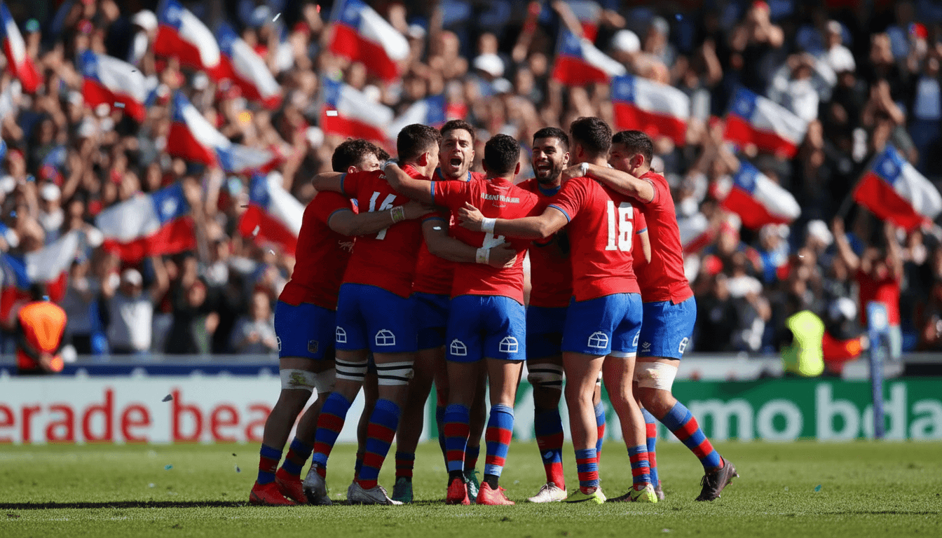 Seleccion chilena de rugby celebrando con banderas
